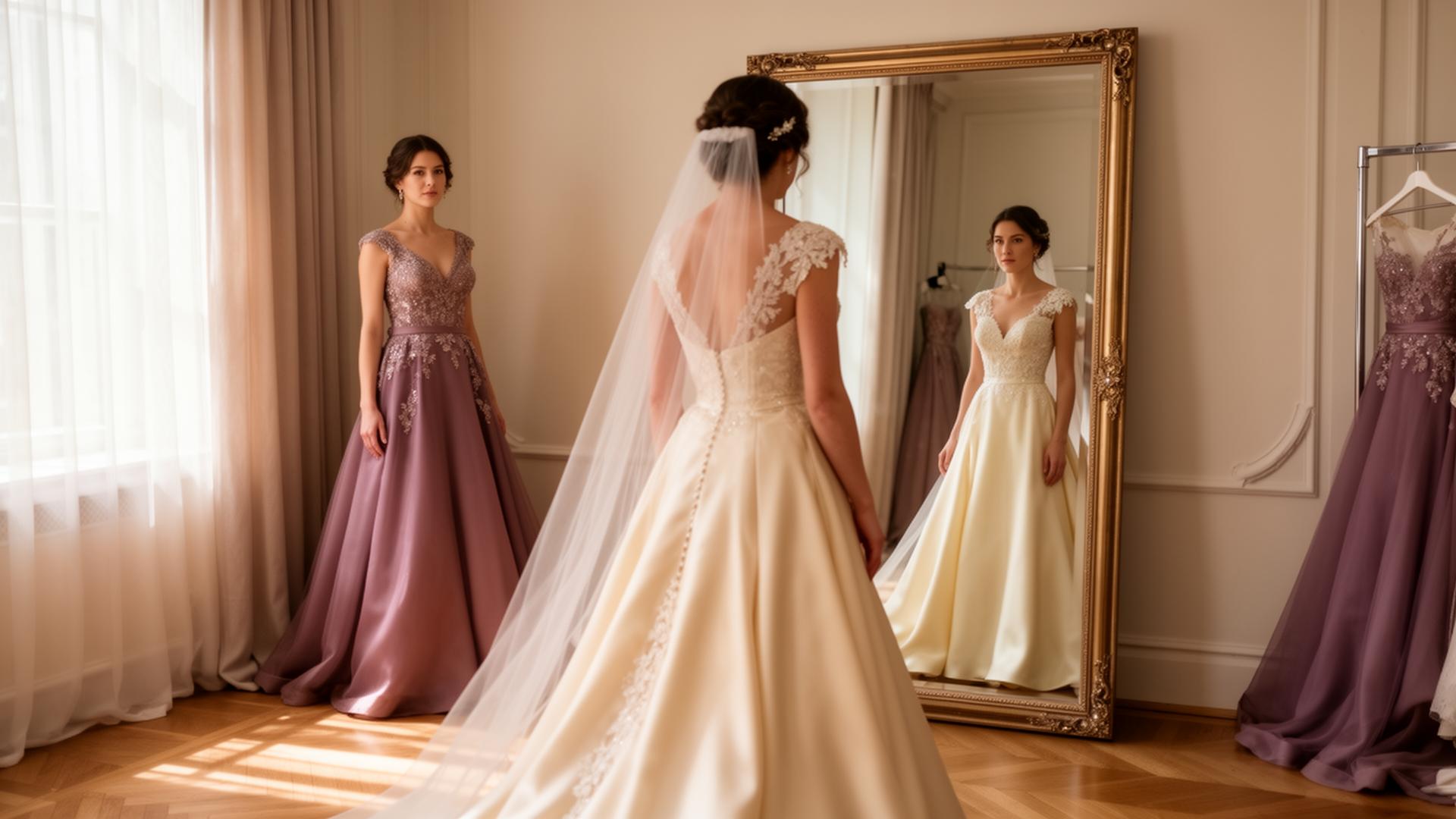 Bride at her final dress fitting, viewed from behind in front of a mirror