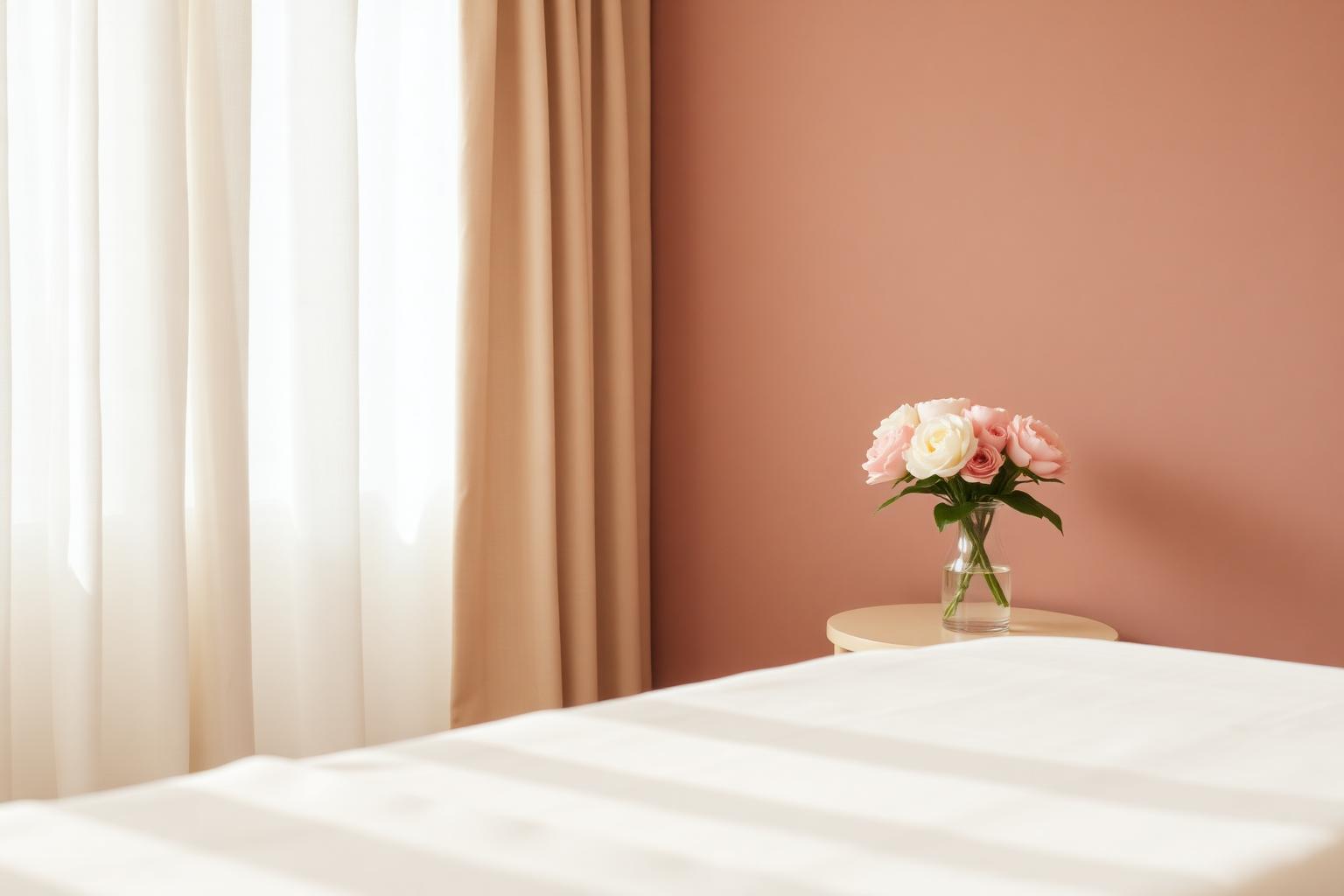 A minimalist treatment suite with cream linen and fresh peonies